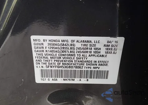 2016 Honda Pilot Ex-L z USA, uszkodzony, nr VIN 5FNYF6H53GB078062